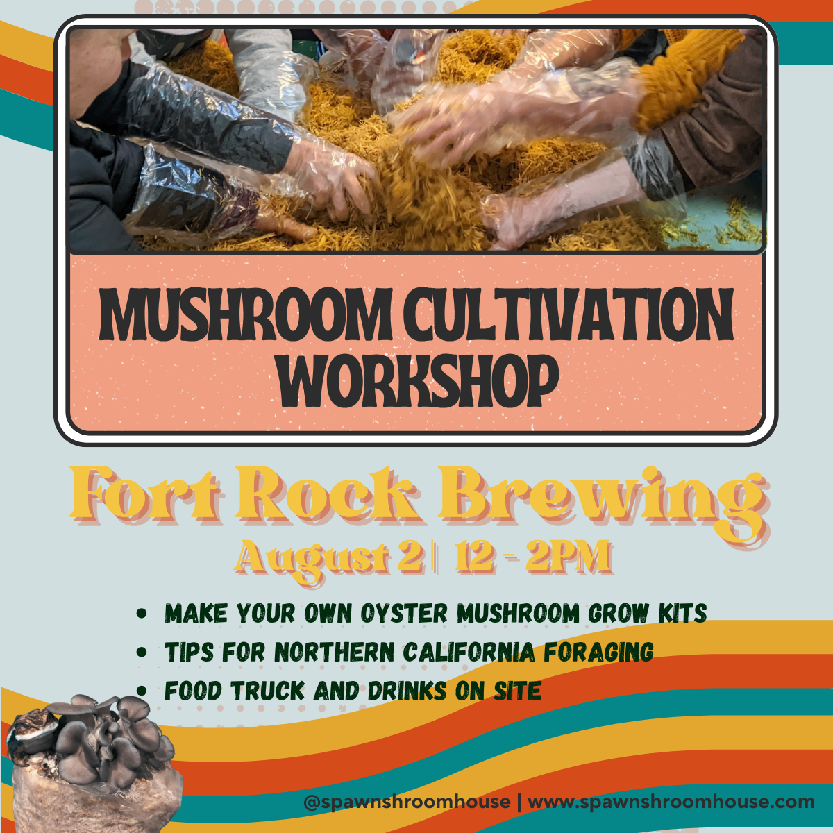 Advertisement for a mushroom cultivation workshop at Fort Rock Brewing with hands handling mushroom substrate.